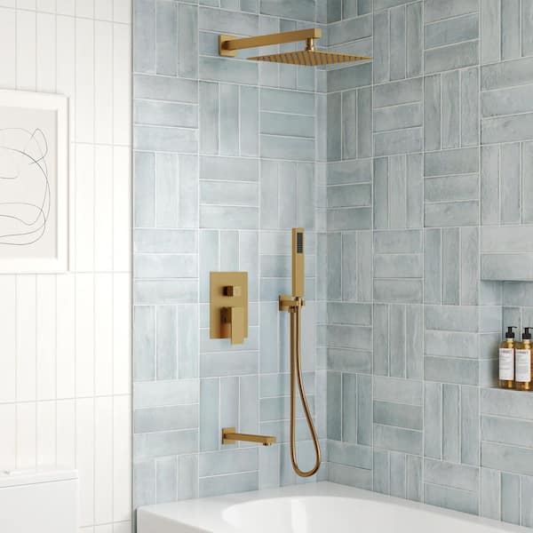 1-Handle 3-Spray Wall Mount Tub and Shower Faucet with 10 in. Rain Shower Head in Brushed Gold