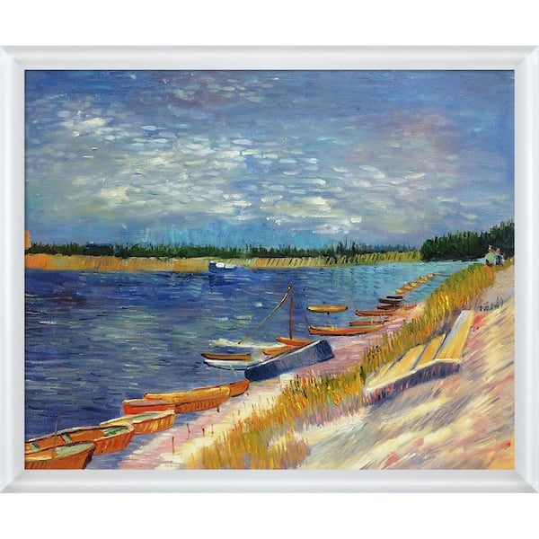 LA PASTICHE Moored Boats by Vincent Van Gogh Moderne Blanc Framed Travel Oil Painting Art Print 22.75 in. x 26.75 in.