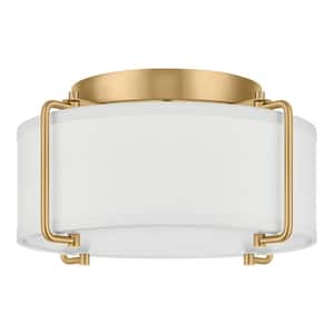 Brookley 13 in. 2-Light Brushed Gold Flush Mount with White Fabric Shade