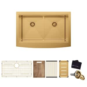 33 in. Farmhouse/Apron-Front Double Bowl 18-Gauge Gold Stainless Steel Workstation Kitchen Sink with Accessories