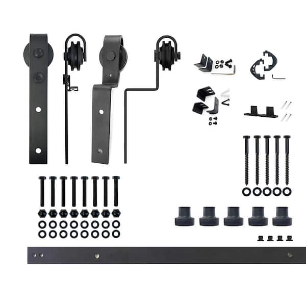 7 ft./84 in. Black Rustic Single Track Bypass Sliding Barn Door Track and Hardware Kit for Double Doors