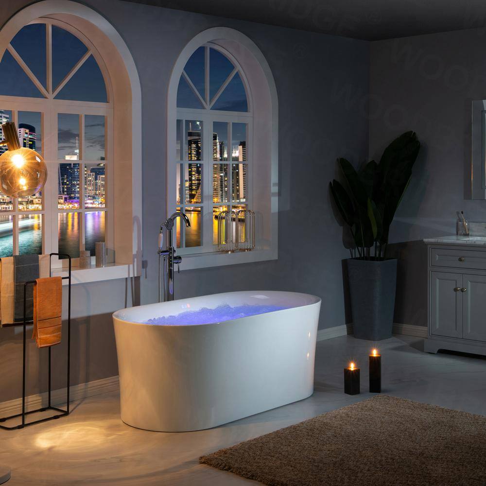 67'' White Acrylic Freestanding Air Soaking Bathtub with Brushed Gold Trim