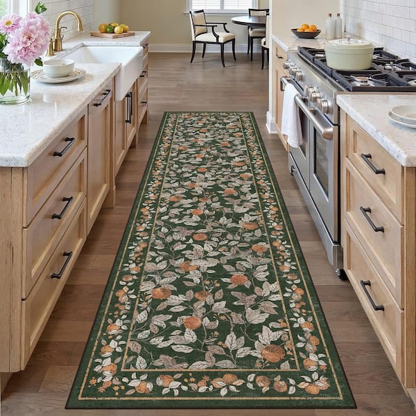Pomegranate Floral 2 ft. X 8 ft. Green Runner Rug