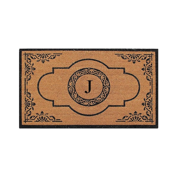 A1 Home Collections A1HC Abrilina Hand Crafted Black/Beige 36 in. x 72 in. Coir & PVC Heavy Weight Outdoor Entryway Monogrammed J Door Mat