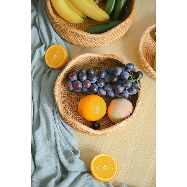 1-Piece Hand Woven Rattan Fruit Bread Serving Storage Basket Decorative Wicker Organizer Bowl for Kitchen Set