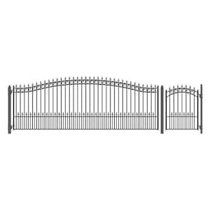 21 ft. x 6 ft. Black Steel Single Swing Driveway Gate Prague Style 16 ft. with Pedestrian Gate 5 ft. Fence Gate
