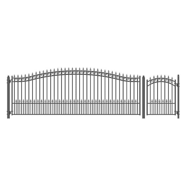 ALEKO 19 ft. x 14 ft. x 6 ft. x 5 ft. Black Steel Single Swing Driveway Gate Prague Style with Pedestrian Gate Fence Gate