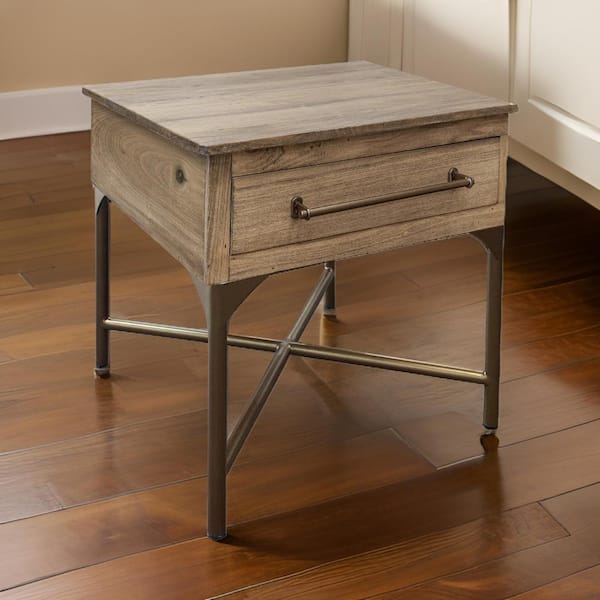 Benjara 22.75 in. Brown and Bronze Square Wood End Table with 1 Drawer
