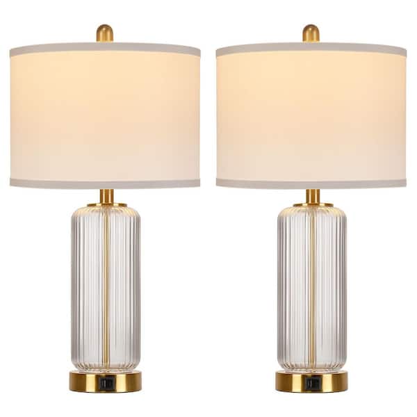 26'' Modern Clear Glass Table Lamps Set of 2,3-Way Dimmable Bedside Lamps with USB A+C Ports& Touch Control for Bedroom