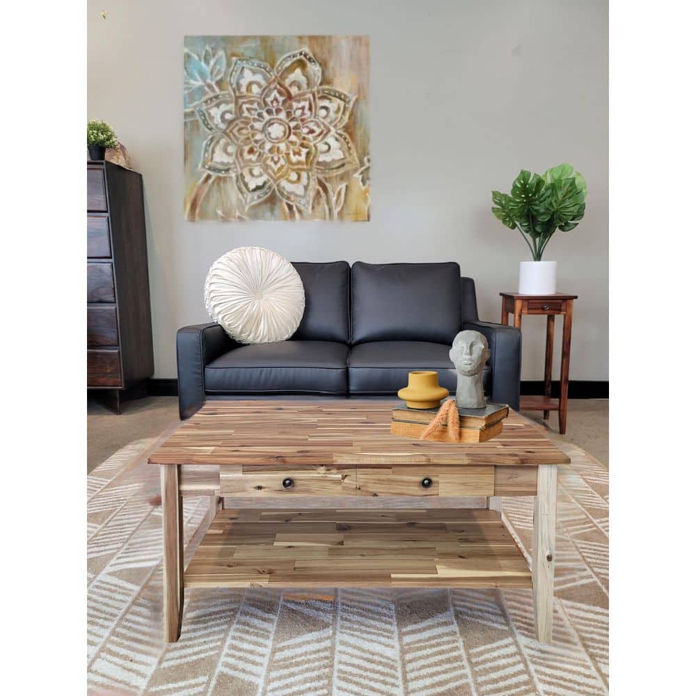 Natural Acacia Wood Rectangular Coffee Table with Drawer and Shelf