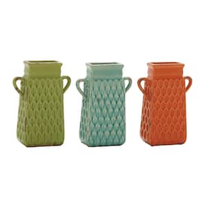 7 in., 10 in. Multi Colored Ceramic Decorative Vase with Handles (Set of 3)