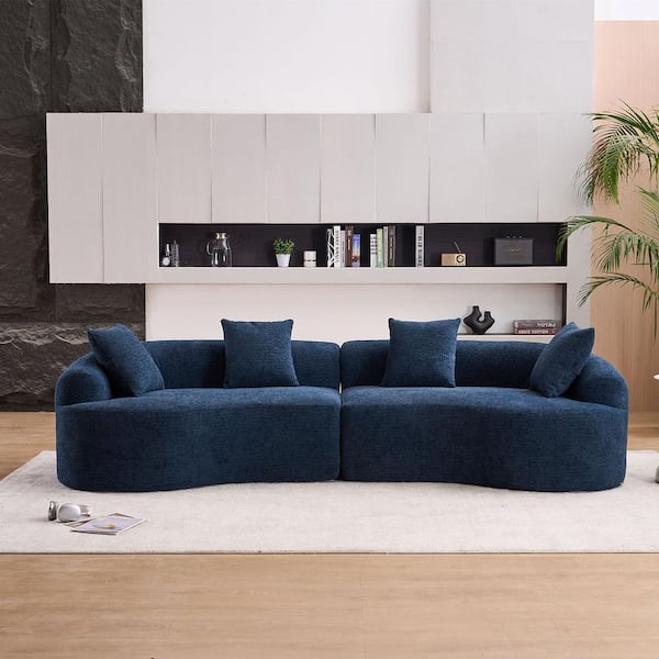 110 in. W Flared Arms Chenille Curved Sectional Sofa in Antique Blue, High-Density Couch, Compressed and No assembly