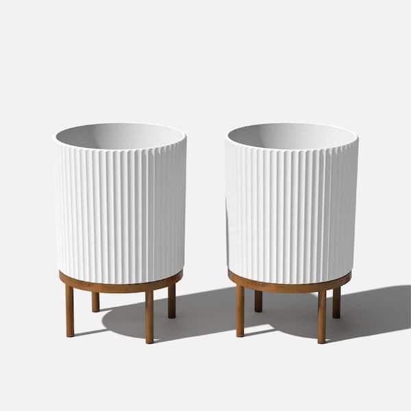 Veradek Demi 16 in. Raised with Stand Round White Plastic Planter with Brown Stand (2-Pack)
