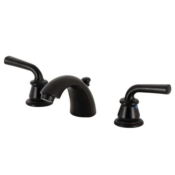 Kingston Brass Restoration 2-Handle 8 in. Mini-Widespread Bathroom Faucets with Plastic Pop-Up in Matte Black