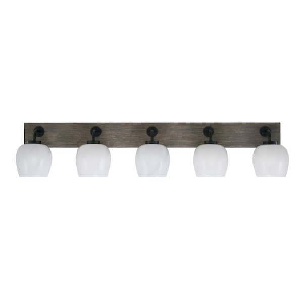 Unbranded Kirby 46.75 in. 5 Light Black and Painted Wood-look Vanity Light with 6 in. White Marble Glass Shades No Bulbs Included