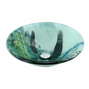 Eagle 16-1/4 in. Round Glass Vessel Bathroom Sink in Green with Drain