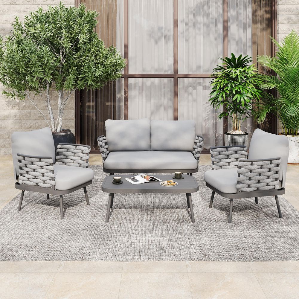 Kitty 4-Piece Outdoor Metal and Rope Weave Patio Conversation Set with Light Grey Cushions, Dark Grey