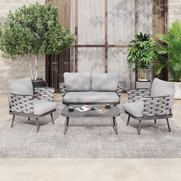 CHRISTOPHER KNIGHT HOME Kitty 4-Piece Outdoor Metal and Rope Weave Patio Conversation Set with Light Grey Cushions, Dark Grey
