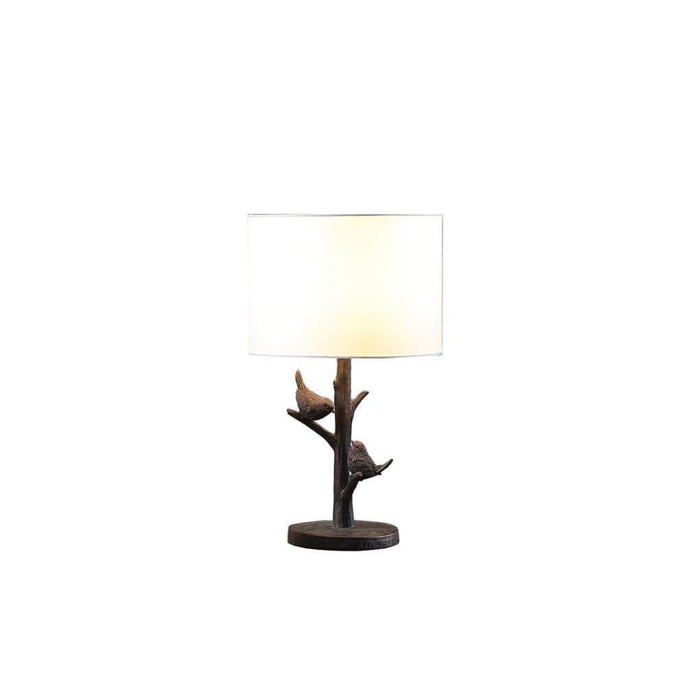 18" Bronze Sparrow Birds on Tree Table Lamp with White Drum Shade