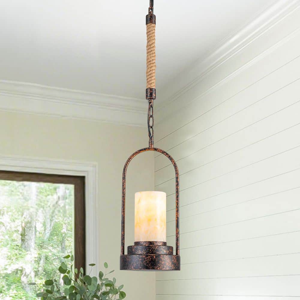 6.69 in. 1-Light Vintage Industrial U-Shaped Iron Pendant Light with Natural Onyx Shade price history on PriceWatchPro