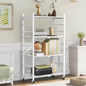 4-Tier Collapsible Storage Shelves Folding Pantry Shelves Wire Shelving in White with 20-Hooks for Garage Kitchen Room