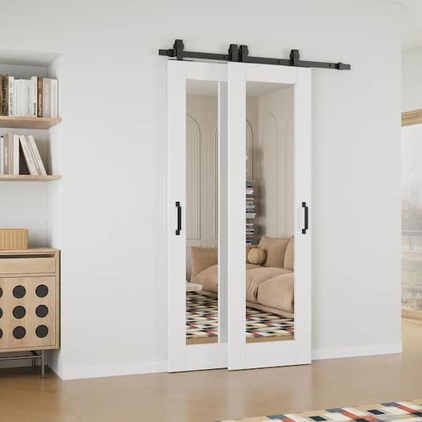 40 in. x 80 in. (Double 24 in.) 1-Lite Mirrored Glass White Primed MDF Sliding Barn Door with Hardware Kit Bypass