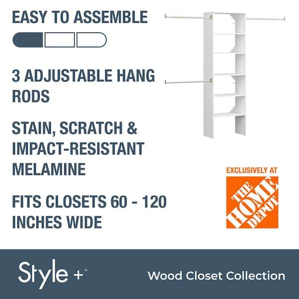 Style+ 84 in. W - 120 in. W White Tower Wall Mount 6-Shelf Wood Closet System