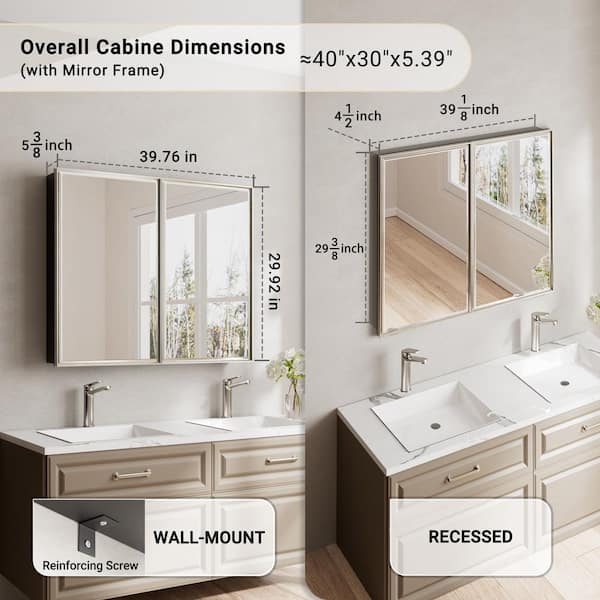 Musey 40 in W x 30 in H Brush Nickel Rectangular Aluminum Medicine Cabinet with Beveled Mirror, Recessed or Surface