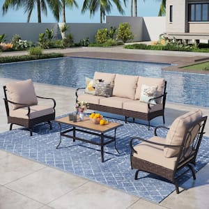 Brown Rattan 5 Seat 4-Piece Steel Outdoor Patio Conversation Set with Beige Cushions, Table with Wood-Grain Top