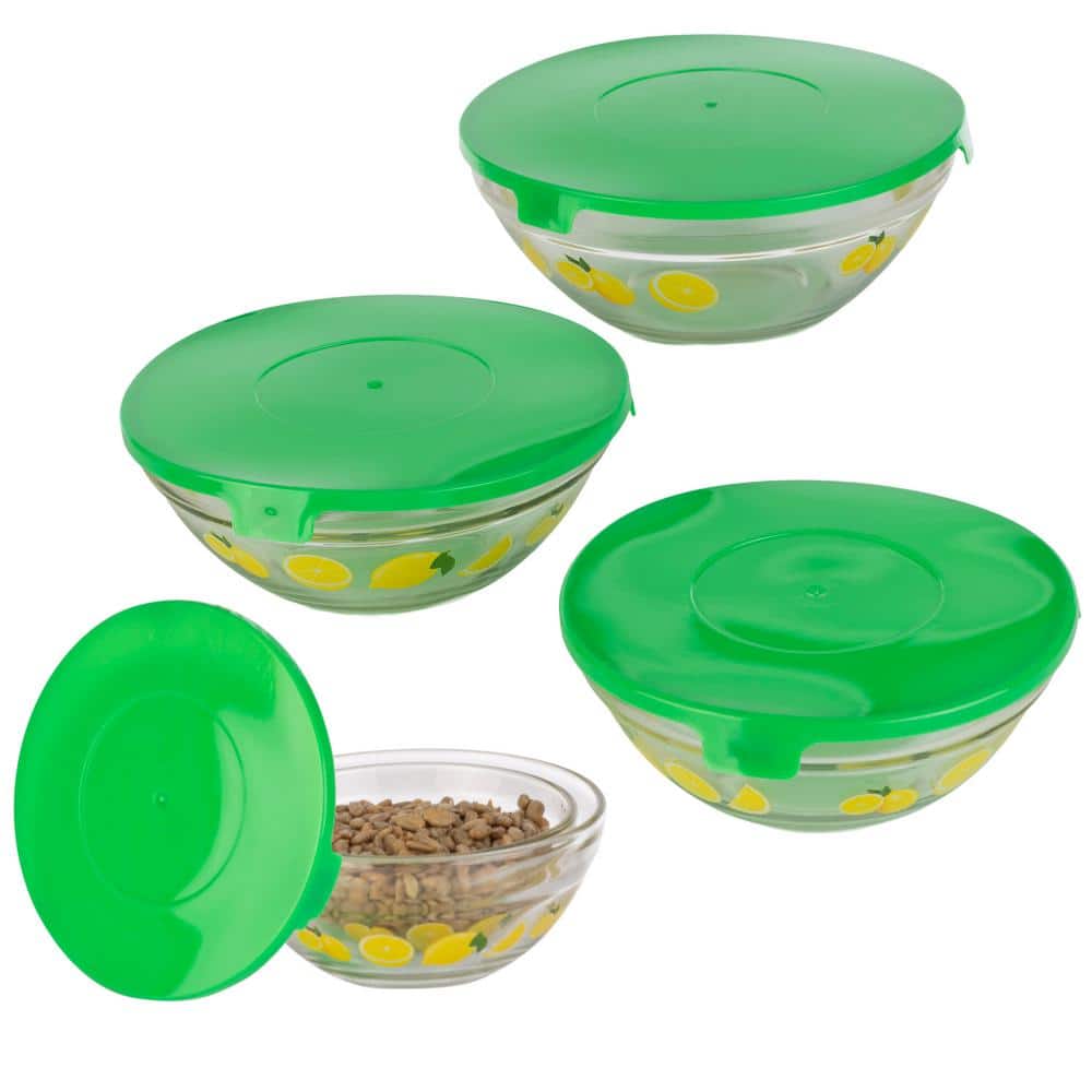 20-Piece Lemon Design Glass Bowls with Green Lids Set
