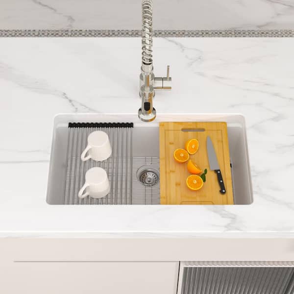 30 in. Undermount Sink Single Bowl White Granite/Quartz Composite Workstation Kitchen Sink with Bottom Grid