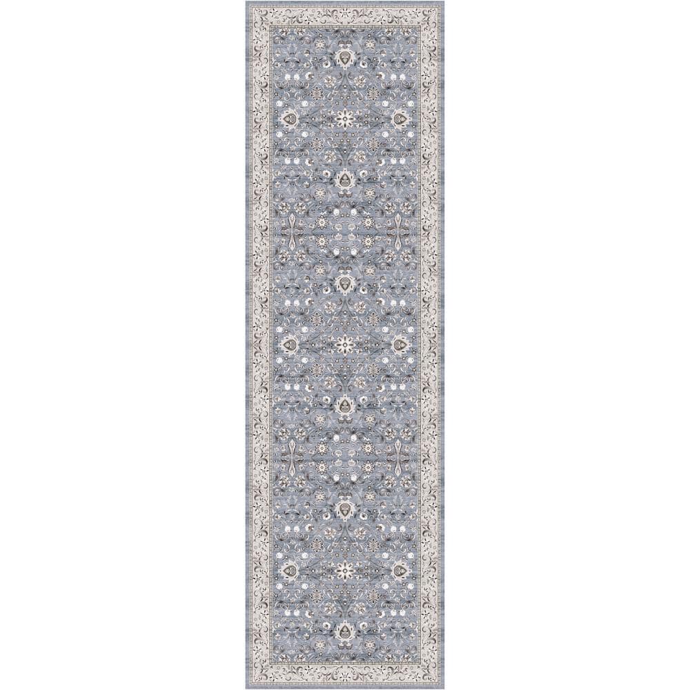 Vintage Blue Floral Flatweave Runner Rug with Non-Skid Backing