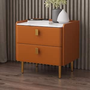 2-Drawer Orange PU Leather Nightstand Bedside Table 19.69 in. H x 19.69 in. W x 15.75 in. D with Metal Legs