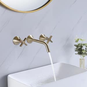 2-Handle Wall Mounted Faucet Bathroom Sink Faucet in Brushed Gold