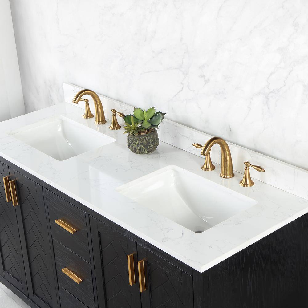 Gazsi 60" Black Oak Double Bathroom Vanity with White Stone Countertop