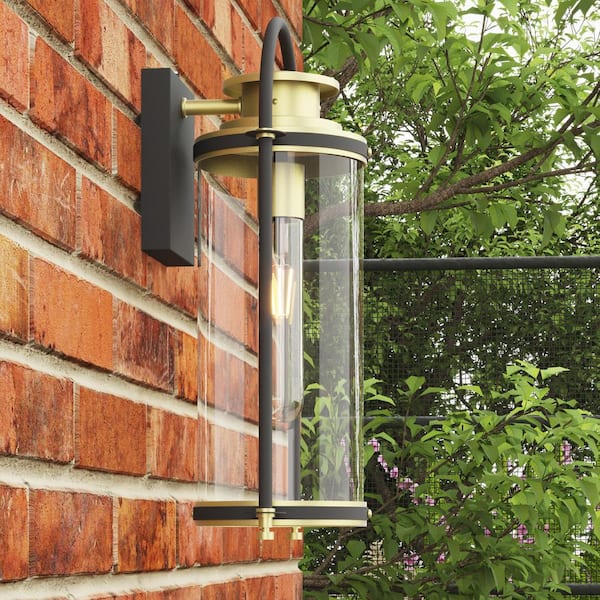 Decorators 17 in. 1-Light E26 Sand Grain Black and Gold Modern Farmhouse Outdoor Hardwired Wall Lantern Sconce