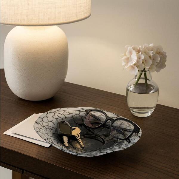 Black 12 in. Glass Abstract Decorative Bowl with Freeform Rim and Cracked Vein