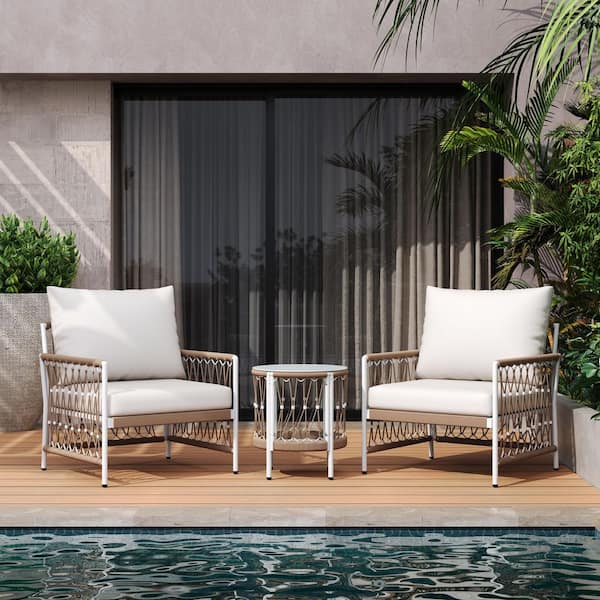 Carey Bohemian 3-Piece Patio Natural Finish Metal Woven Rope Outdoor Conversation Set with Beige Cushions, Side Table
