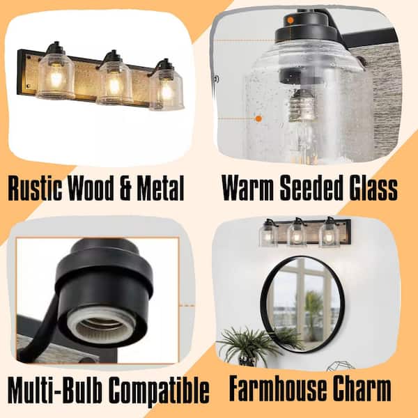 23 in. 3-Light Farmhouse Vanity Light Fixturet Wall Sconce with Seeded Glass Shades,Rustic Black,Wood Backplate,No Bulbs