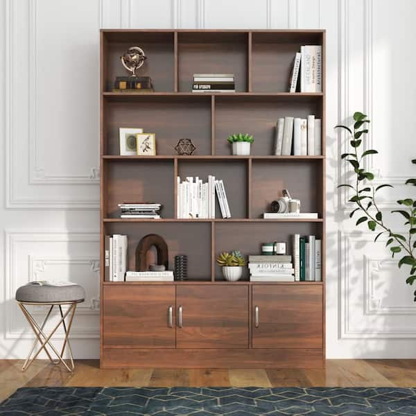 70.87 in. Tall Walnut MDF 4-Tier Standard Bookcase with 10 Cubes and 3 Doors