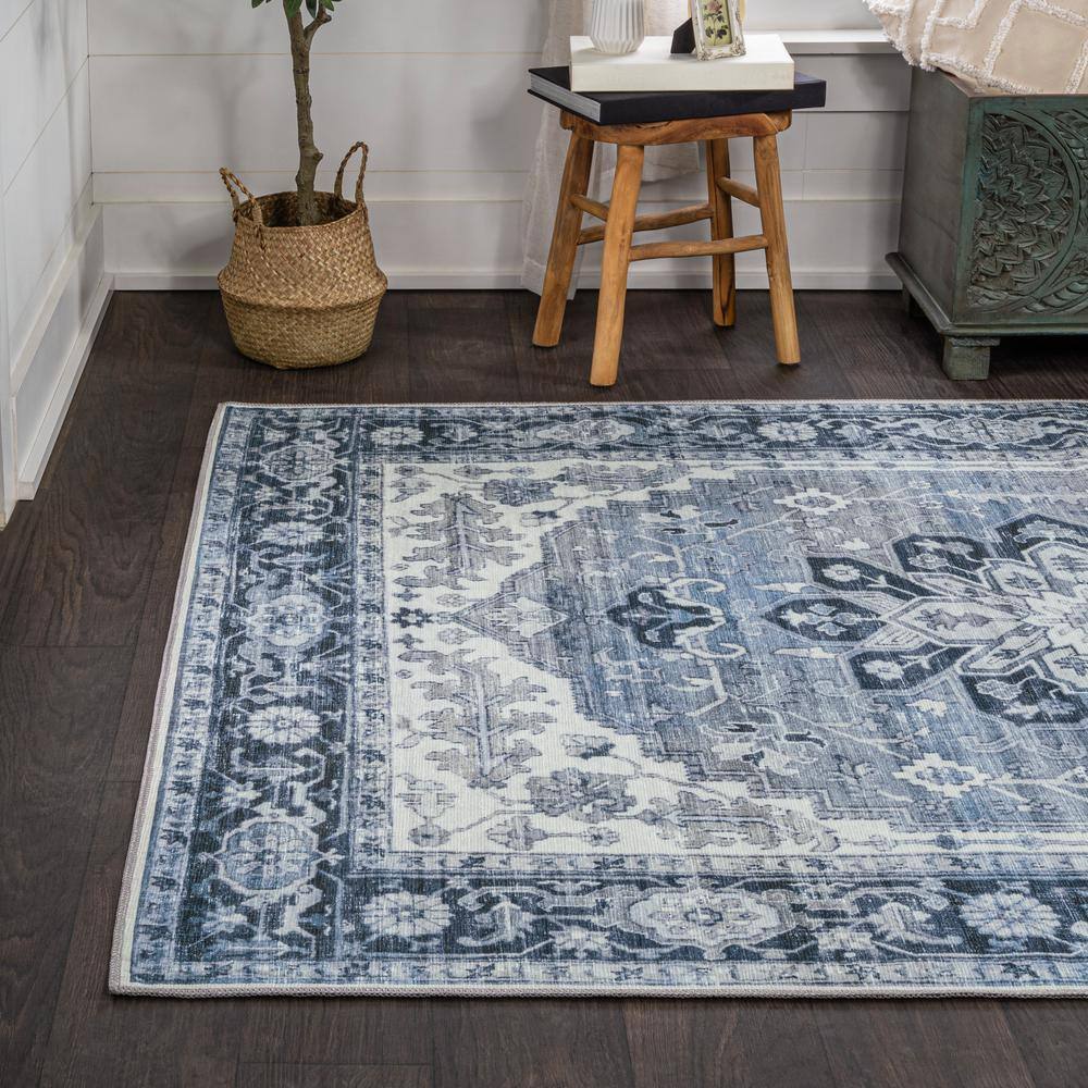 Blue and Cream Chenille Medallion Washable Area Rug 4' x 6'