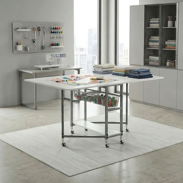 Sewing 60 in. W x 36 in. D MDF Folding Fabric Cutting Table with Drawers, Adjustable Height, Silver / White