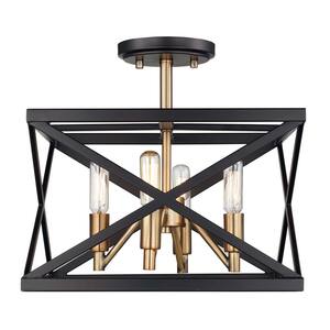 13 in. 60-Watt 4-Light Black and Gold Caged Semi- Flush Mount, No Bulbs Included