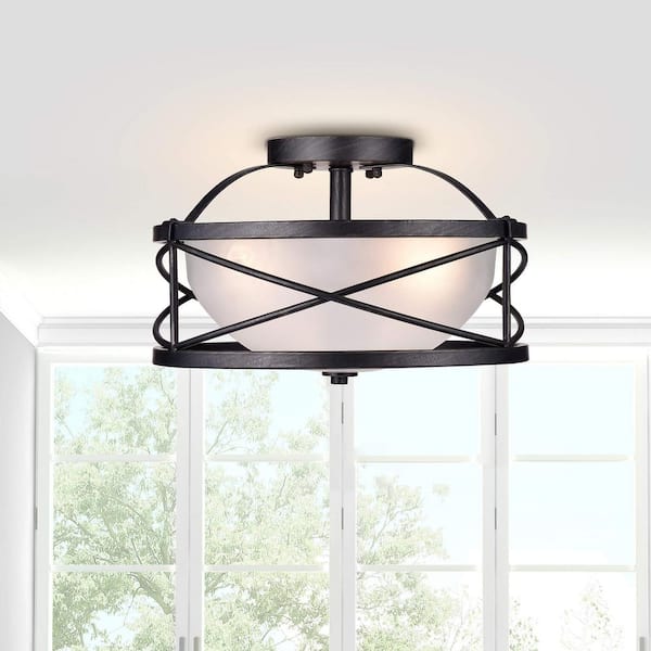 Jojospring Lucy 15 in. Dia Antique Black Opal Glass Shade Semi-Flush Mount Chandelier