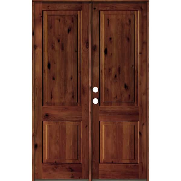 Krosswood Doors 64 in. x 96 in. Rustic Knotty Alder 2-Panel Square Top Red Chestnut Stain Right-Hand Wood Double Prehung Front Door