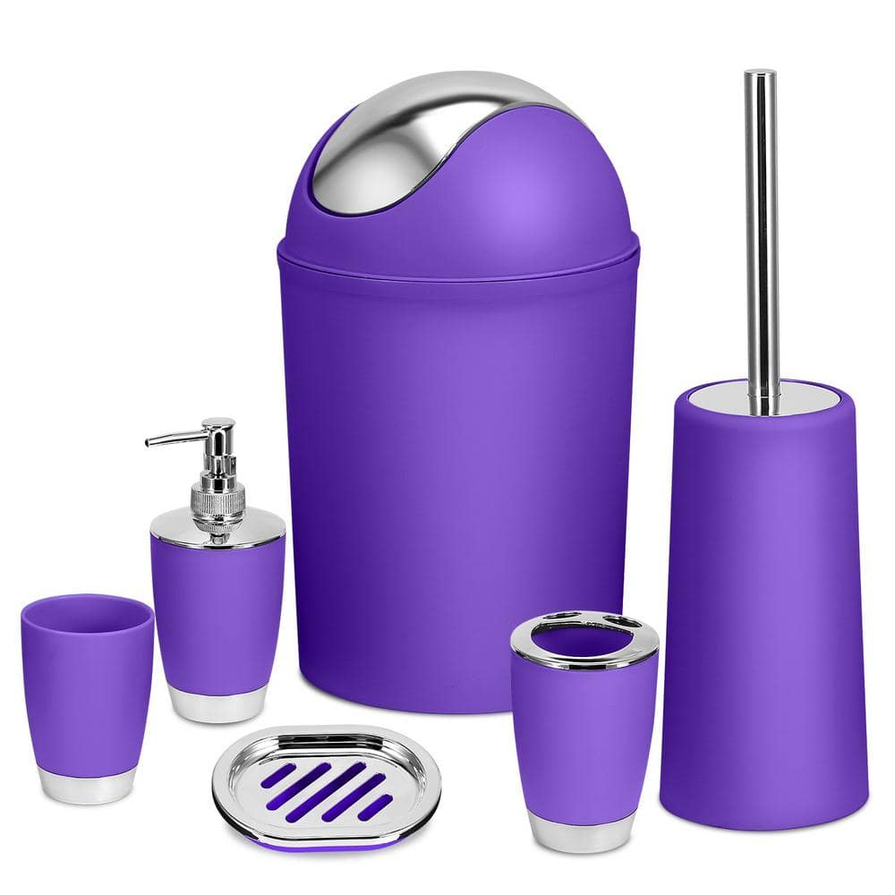 Bathroom Accessories Set 6-Piece Bathroom Set Ensemble Complete Soap Dispenser Toothbrush Holder, Purple