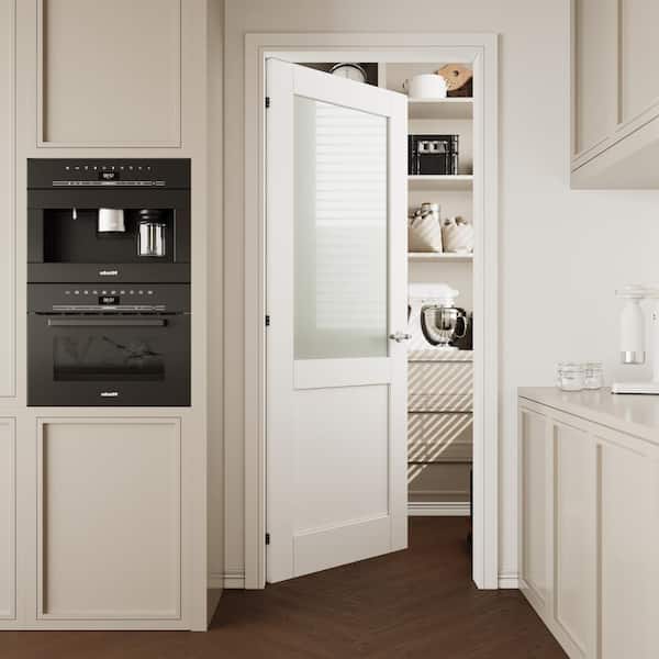 32 in. W. x 80 in. White Primed 1/2-Lite Frosted Glass door slab for Pocket Door Standard Door without Pocket Door Frame