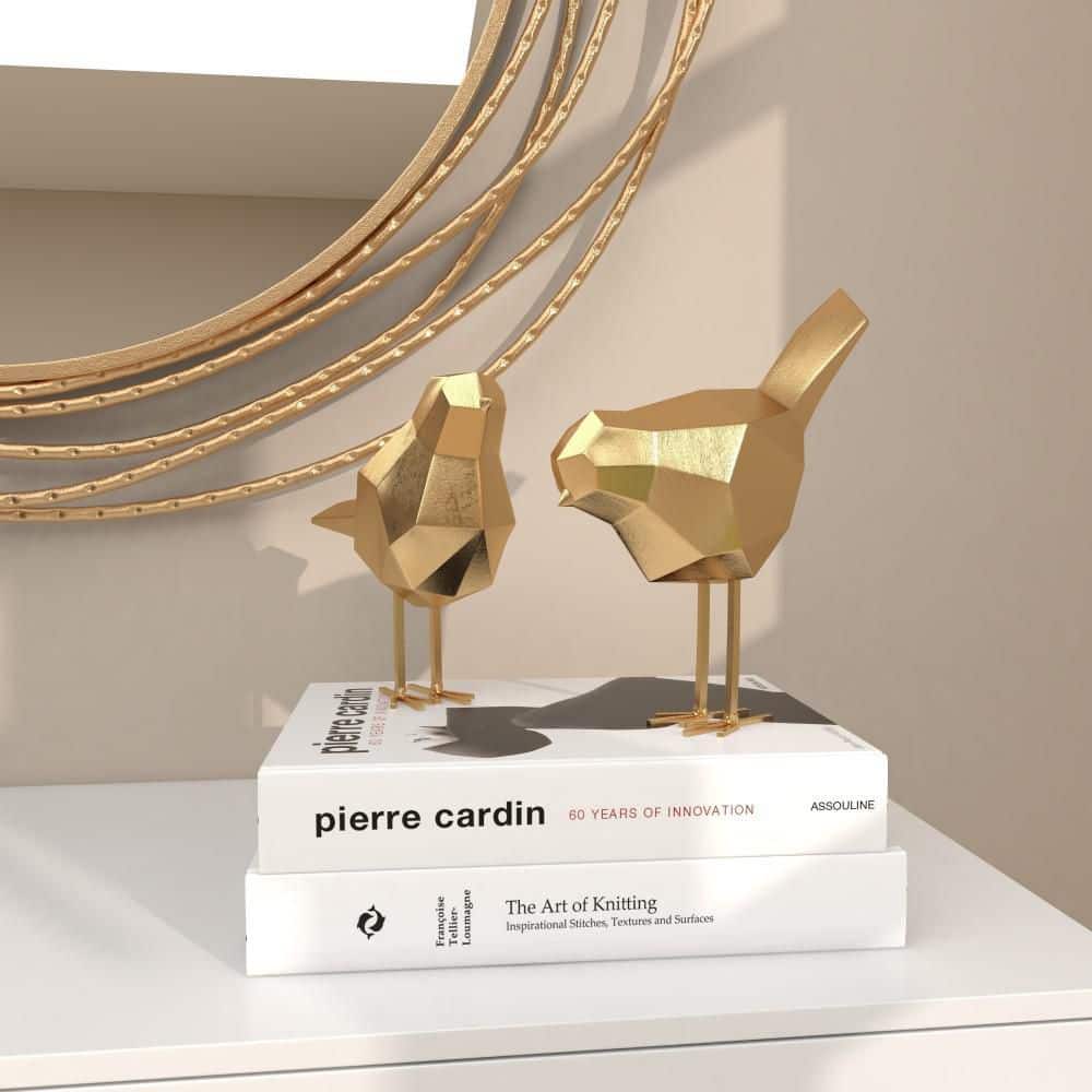 Gold Faceted Resin Bird Sculpture Set, 7" and 8"