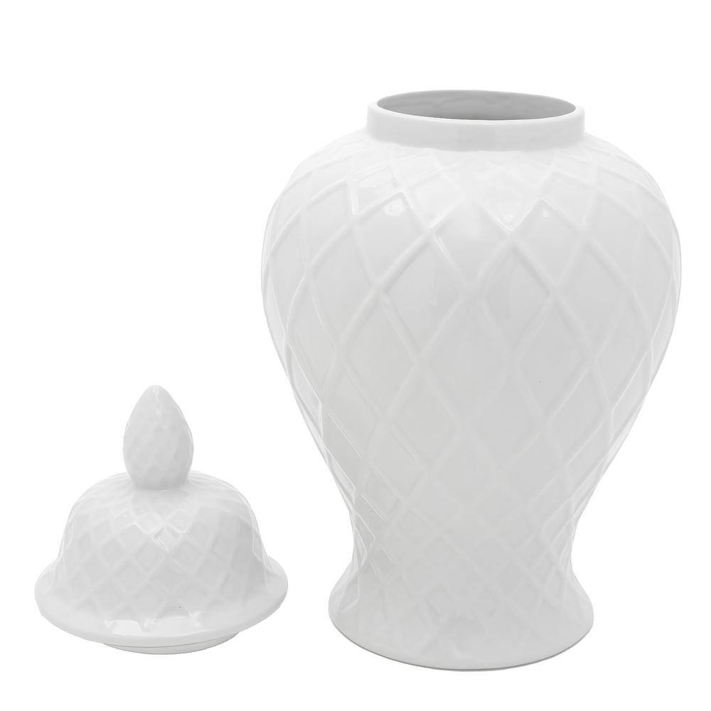 19.5" Glossy White Porcelain Diamond Pattern Temple Jar