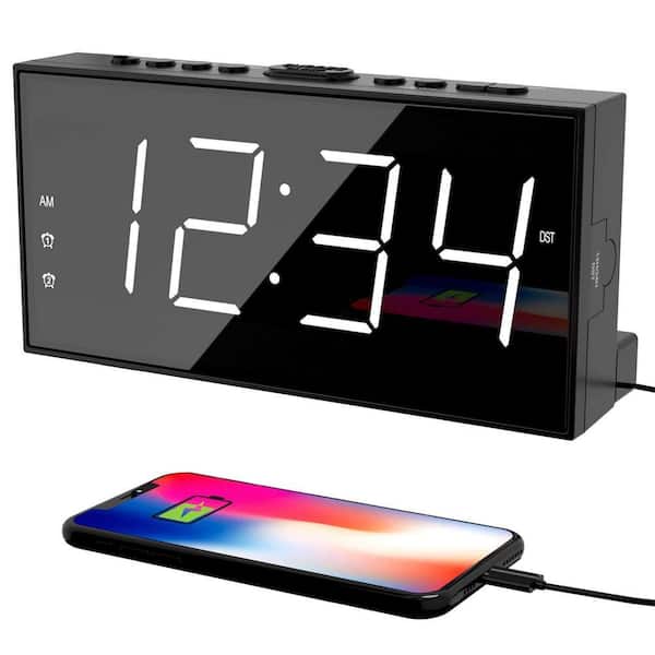 Black and White Digital Clock with LED Big Display and USB Charging Port for Bedroom and Office